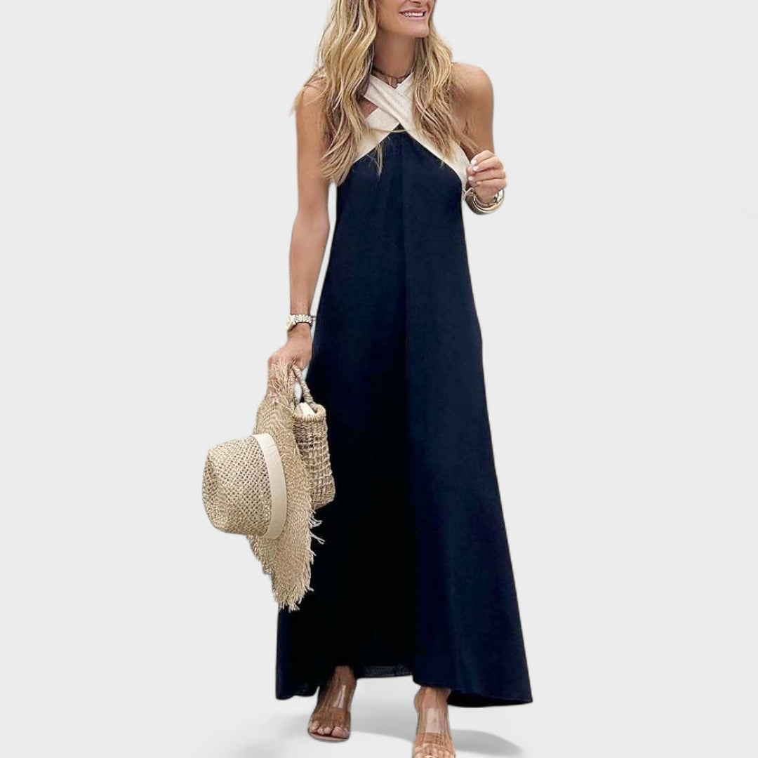 Sue™ | Elegant Cross-Neck Maxi Dress