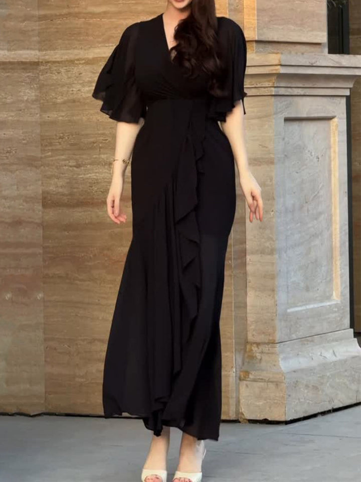 Laurie™ | Retro V-neck trumpet sleeve printed dress