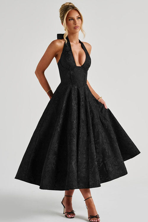 Genevieve™ | V-Neck Halterneck Sleeveless Jacquard Maxi Dress