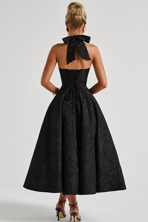 Genevieve™ | V-Neck Halterneck Sleeveless Jacquard Maxi Dress