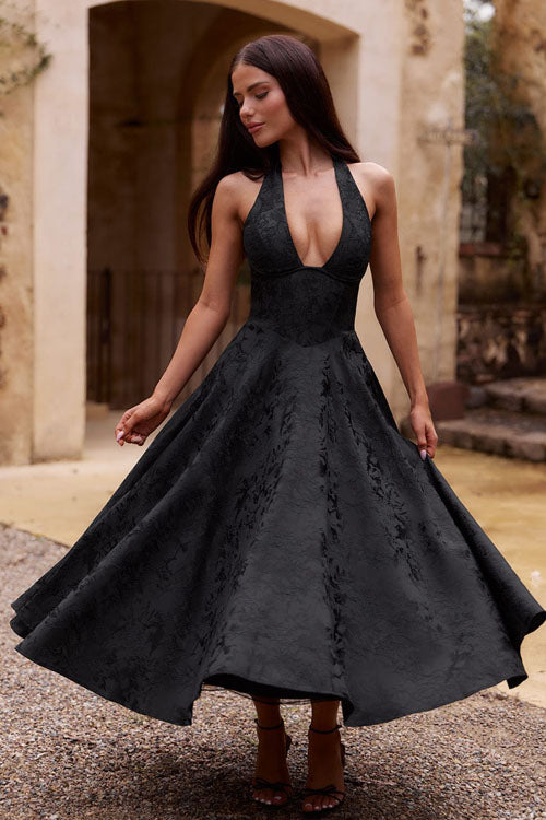 Genevieve™ | V-Neck Halterneck Sleeveless Jacquard Maxi Dress