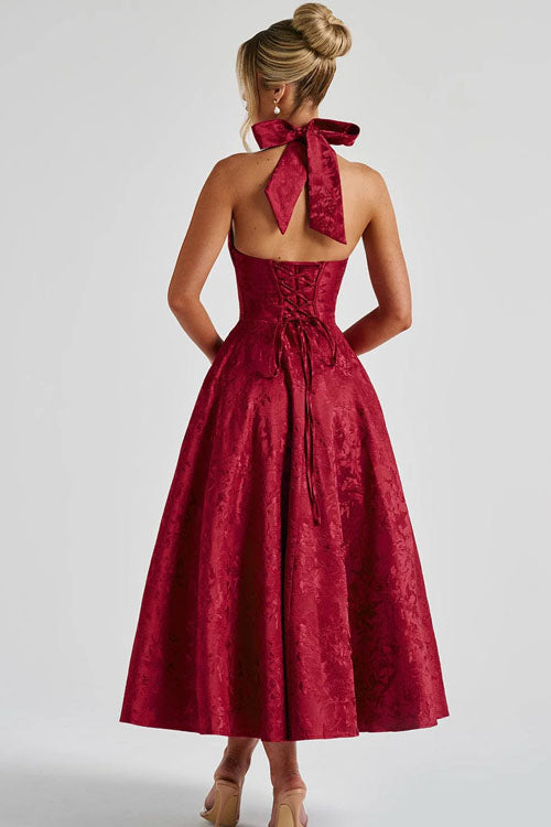 Genevieve™ | V-Neck Halterneck Sleeveless Jacquard Maxi Dress