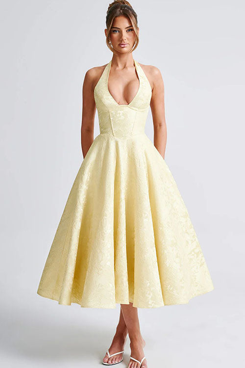 Genevieve™ | V-Neck Halterneck Sleeveless Jacquard Maxi Dress