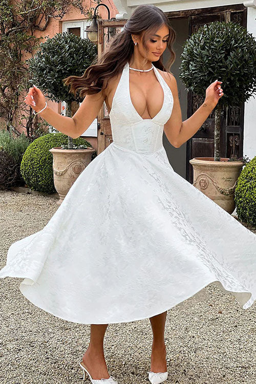 Genevieve™ | V-Neck Halterneck Sleeveless Jacquard Maxi Dress