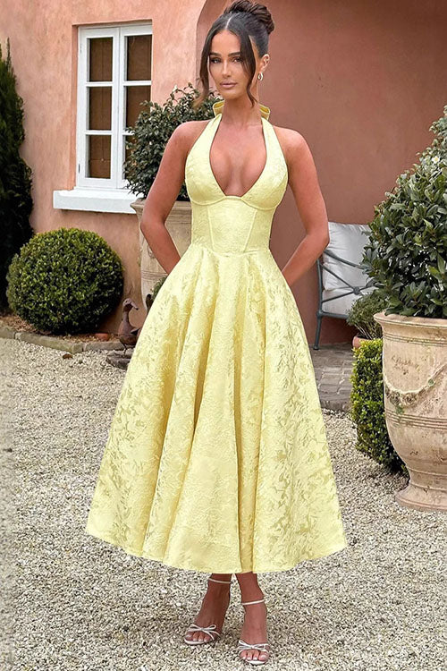 Genevieve™ | V-Neck Halterneck Sleeveless Jacquard Maxi Dress