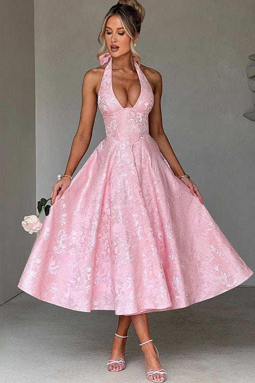 Genevieve™ | V-Neck Halterneck Sleeveless Jacquard Maxi Dress