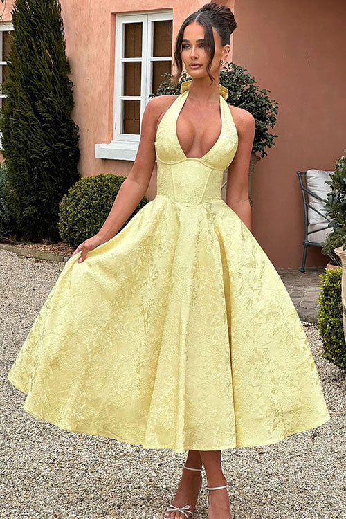 Genevieve™ | V-Neck Halterneck Sleeveless Jacquard Maxi Dress