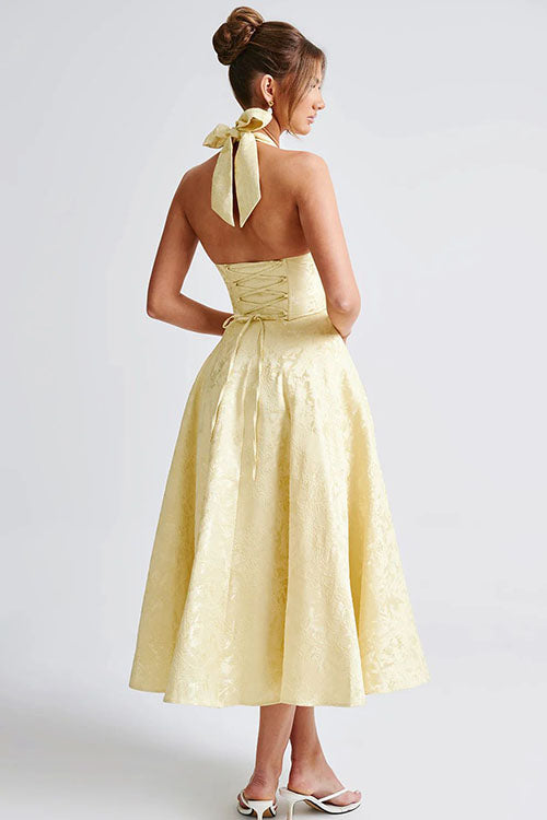 Genevieve™ | V-Neck Halterneck Sleeveless Jacquard Maxi Dress