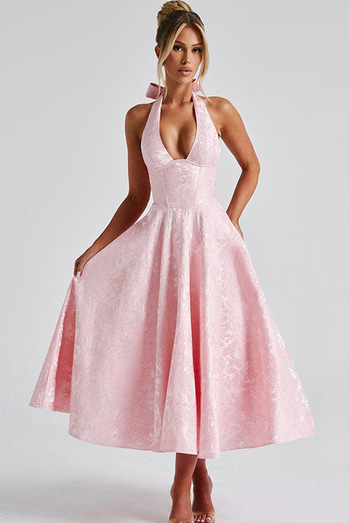 Genevieve™ | V-Neck Halterneck Sleeveless Jacquard Maxi Dress