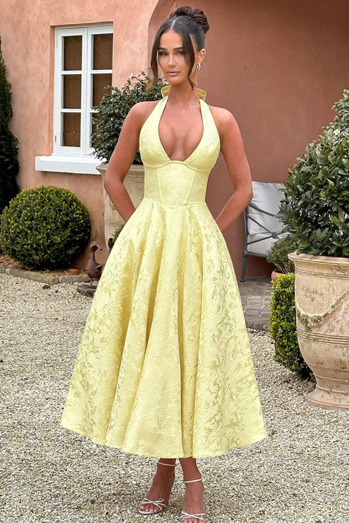 Genevieve™ | V-Neck Halterneck Sleeveless Jacquard Maxi Dress