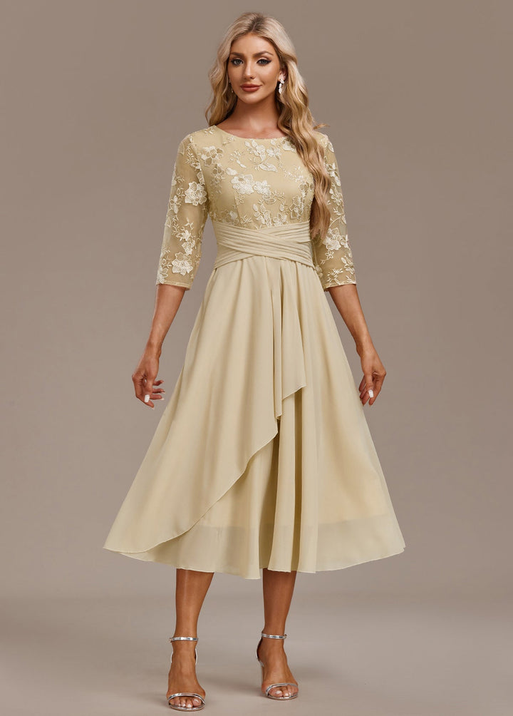 Karla™ | Champagne Embroidery 3/4 Sleeve Round Neck Dress