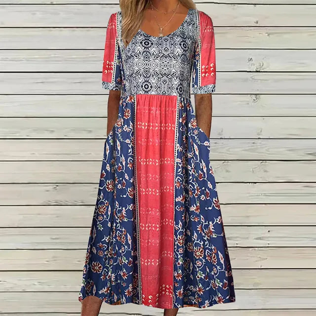Janine™ | Dress with Bohemian Print and Round Neckline