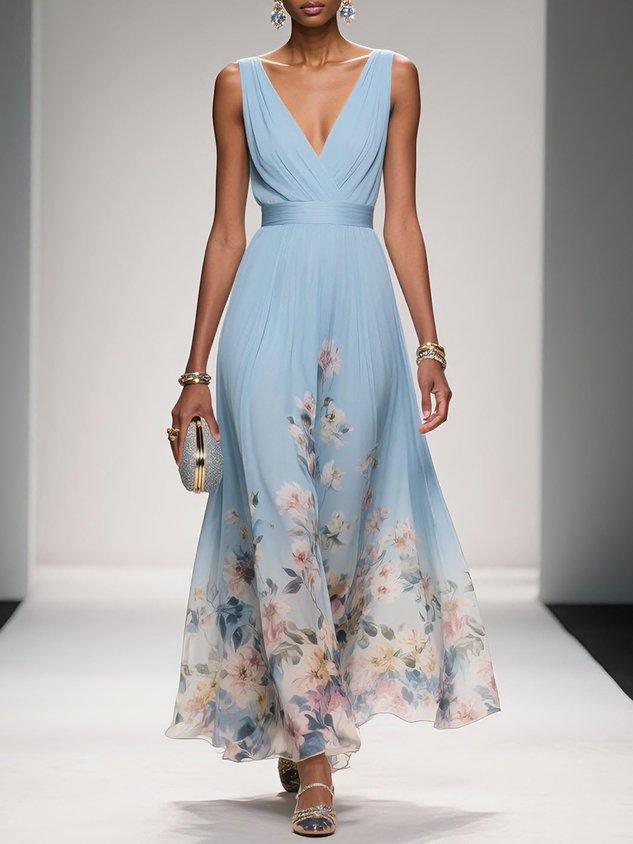 Nevaeh™ | Light Blue Floral Chiffon Maxi Dress