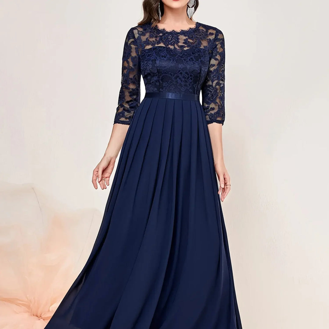 Gail™ | Lace Pleated Quarter Sleeve Formal Evening Dress