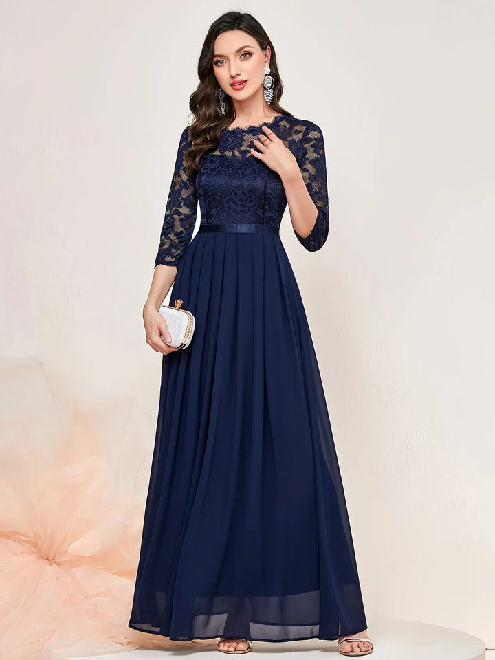 Gail™ | Lace Pleated Quarter Sleeve Formal Evening Dress