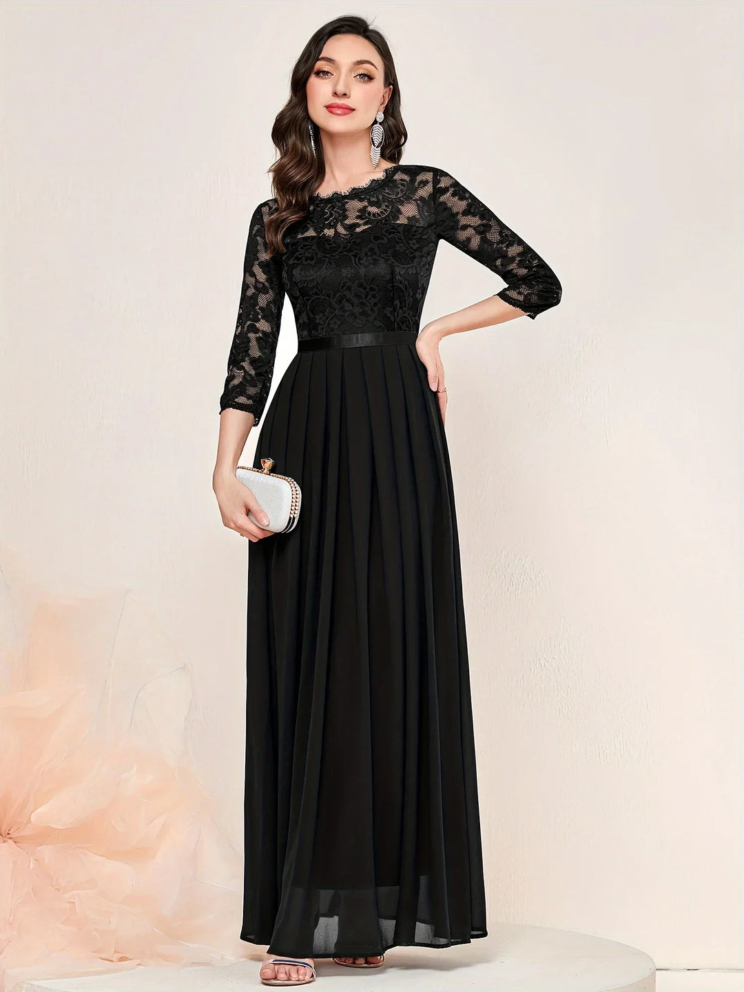 Gail™ | Lace Pleated Quarter Sleeve Formal Evening Dress