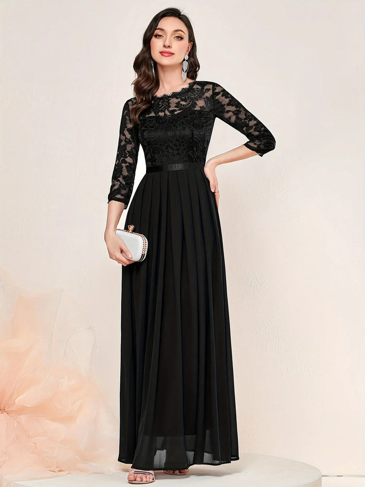 Gail™ | Lace Pleated Quarter Sleeve Formal Evening Dress