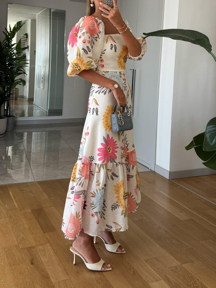 Lauren™ | Square Neck Floral Print Puff Sleeve Midi Dress