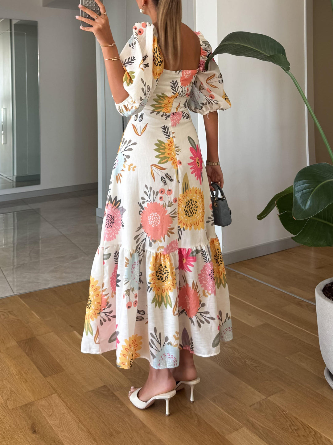 Lauren™ | Square Neck Floral Print Puff Sleeve Midi Dress