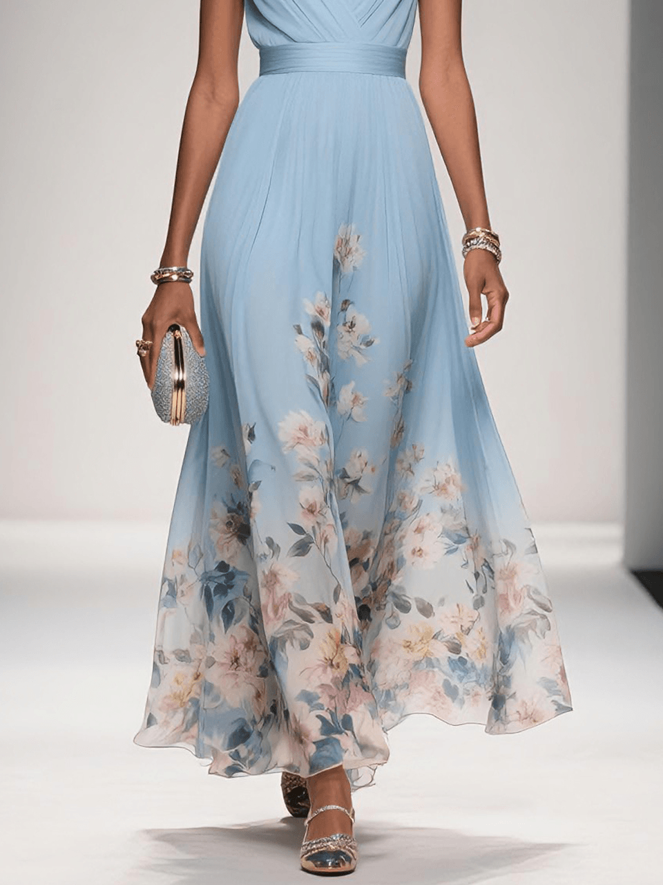 Nevaeh™ | Light Blue Floral Chiffon Maxi Dress